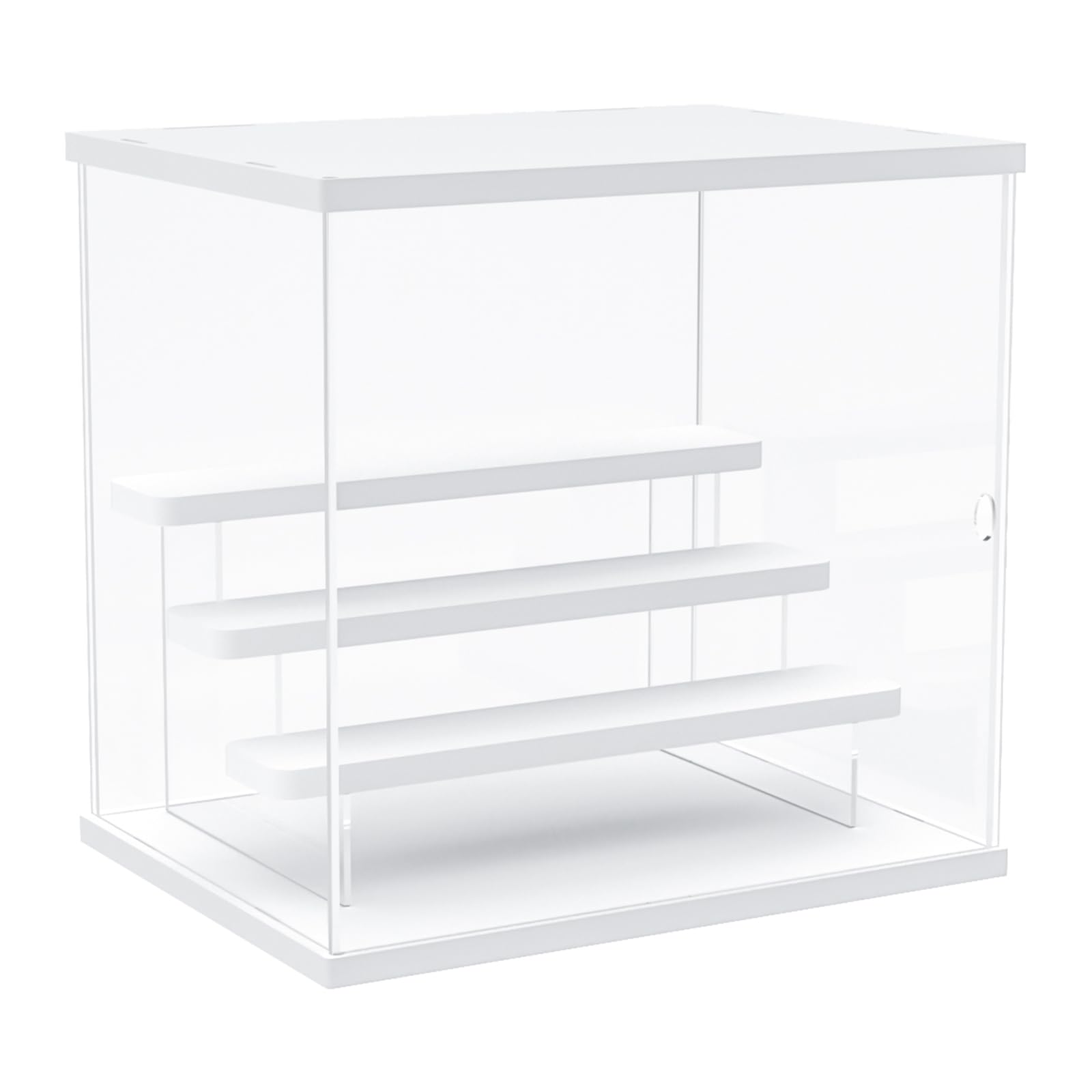 Nynelly 4 Tier Clear Acrylic Display Case for Models, Mini Figures, Pop Mart, Labubu, Sonny Angel, Smiski - Assemble Dustproof Display Box with Door, Display Stand (White Top Base Step)