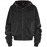 Fullneat Men's Heavyweight Cropped Jacket with Plaid Lined Hood, Unisex Boxy Pullover Sweatshirt for Men Women
