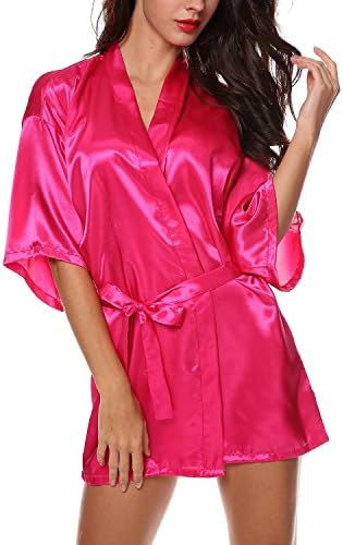 Jaylaka Women's Kimono Robe Satin Lounge Bridesmaids Robe Short Style (Rose Red, XL)