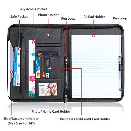 Tyson Padfolio, Resume Portfolio/Business Portfolio, PU Leather Document Storage, Zippered Portfolio Binder with Writing Pad, Card Holder & Phone Slot (Black PU)