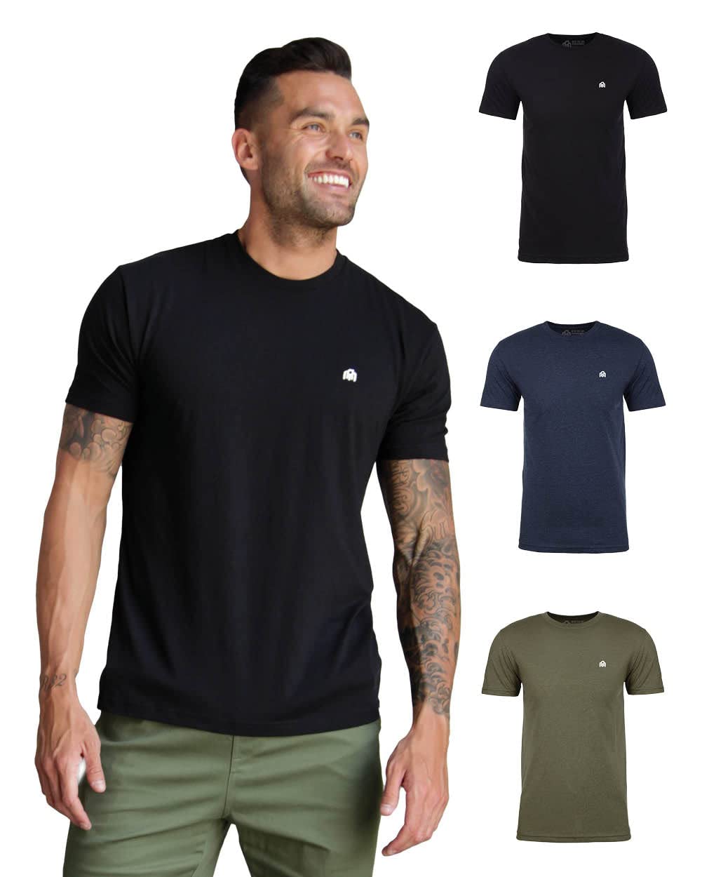 Photo 1 of INTO THE AM Men's Fitted Crew Neck Logo Basic Tees 3-Pack - Modern Fit Fresh Classic Short Sleeve T-Shirts for Men (Black/Navy/Olive Green, X-Large)