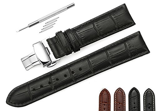 iStrap 21mm Calf Leather Padded Replacement Watch Band W/ Push Button Deployment Buckle Black 21