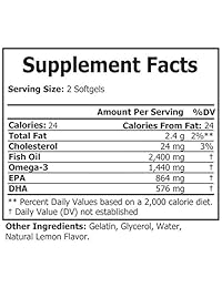 Omega 3 Aceite de Pescado Concentrado Triple Fuerza 2400 mg – EPA & DHA ácidos grasos – Cápsulas sin Burpless, sin OMG, GMP certificado, el mejor suplemento de aceite de pescado por la nutrición de la naturaleza, sabor a limón, 1