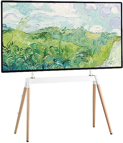 Fydeamer Easel TV Stand, Modern Easel TV Floor Stand, Artistic Corner TV Stand for 55-86inch LED LCD OLED Screens, Height Adjustable, 4 Legs Studio Display Stand for Bedroom, Living Room(White)