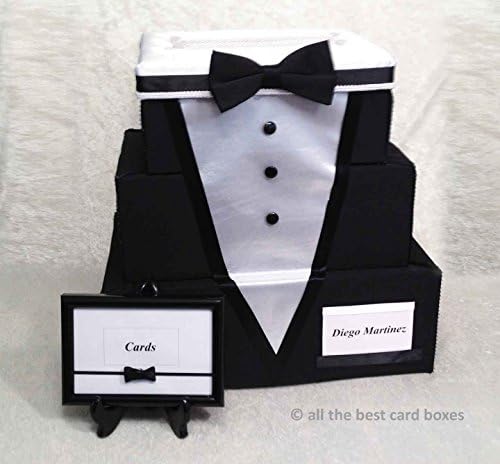 Tuxedo Wedding Card Box, Card Holder, 3 Tier Stacked, Black and White, Black fabric, White Satin,Handmade, allthebestcardboxes