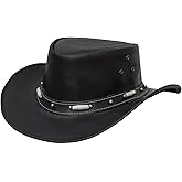 Dream Apparel Black Leather Cowboy Hat for Men Women Western Australian Outback Hat w/Shapeable Wide Brim, Aussie Style Hat