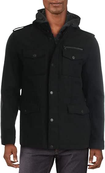 Tommy Hilfiger Men's Wool Blend Four Pocket Military Jacket with Soft Shell Hood, Black, X-Large 