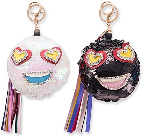 Mermaid Reversible Sequins Keychain Key Rings Ornament Rhinestones Decor Anthomaniac Face Kneadable Handbag Pendant Decorative Accessory with Colorful Ribbon Tassel (Black and White)