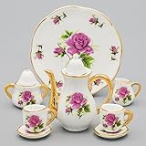 Odoria 1:6 Miniature 8PCS Porcelain Tea Cup Set Purple Chintz with Gold Trim Dollhouse Kitchen Accessories