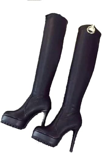 Amazon ドドシューズ 厚底 ロングブーツ チャンキーヒール 歩きやすい 痛くない レディース ストレッチブーツ ニーハイブーツ ストレッチ 厚底ブーツ ハイヒール ピンヒール 美脚 バックジップ 履きやすい 美脚ブーツ ストーム 黒 24 5cm 22cm ドドシューズ