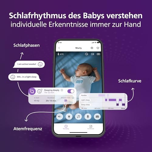 PHILIPS Avent Premium Connected Babyphone mit App - 1080 px HD-Kamera, Schlaf- & Atemtracking mit KI, Schrei-Interpretation, Dekra-Zertifiziert für höchste Cybersicherheit, Wandhalterung, SCD974/26