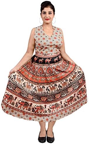 KARNI PRINTS Women's Cotton Jaipuri Printed Long Maxi Dress with Sleeves Inside (Free Size, Multicolor)