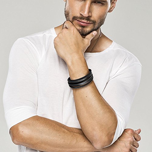murtoo Leather Bracelet For Man-Clasp Cowhide Braided Multi-layer Wrap Mens Bracelet, (Black New,8.7'')
