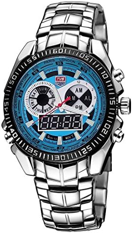 Yaojiaju TVG Round Dial Hardlex Watch Window Luminous &amp; Alarm &amp; Week Display Function Quartz + Digital Double Movement Men Watch with Alloy Band ( Color : Blue )
