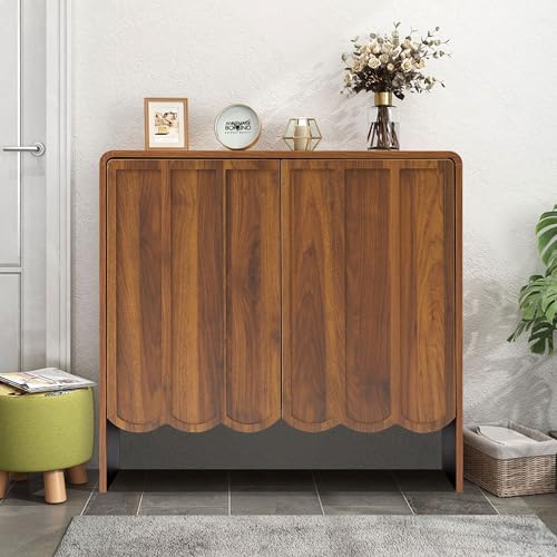 Sideboard Buffet Cabinet Set of 2, Accent Storage Cabinet with 2 Doors, Farmhouse Wood Cabinet with Adjustable Shelves and Wave Panel for Living Room, Dining Room, Entry - Walnut