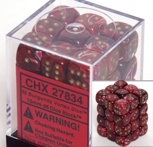ChessexDice d6 Sets: Vortex Burgundy with Gold - 12mm Six Sided Die (36) Block of Dice - 27834