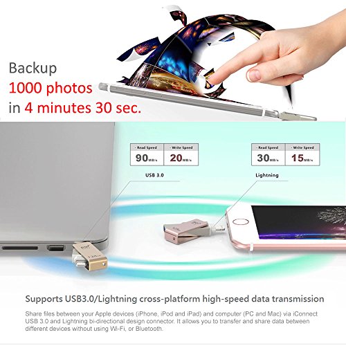 iConnect Mini [Apple MFi] 128 GB Mobile Flash Drive w/ Lightning Connector for iPhones iPads iPod Mac & PC USB 3.0 (Gold)