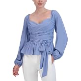 BCBGMAXAZRIA Womens Fitted Peplum Top Off The Shoulder Long Sleeve Sweetheart Neck Smocked Back Bodice ShirtBlouse