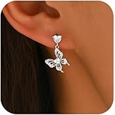 SUYACS 925 Sterling Silver Big Butterfly Heart Drop Dangle Earrings for Women Cute Heart Cubic Zirconia Stud Earring Dainty Insect Animal Hypoallergenic Earring Jewelry Gifts for Mom Daughter