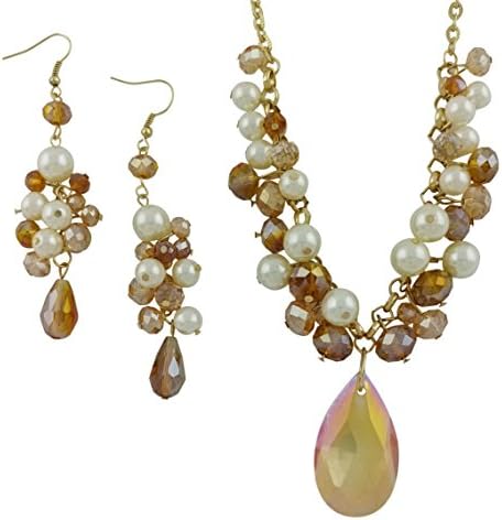 Chandelier Statement Necklace with Crystals and White Glass Pearls, Very Light Weight