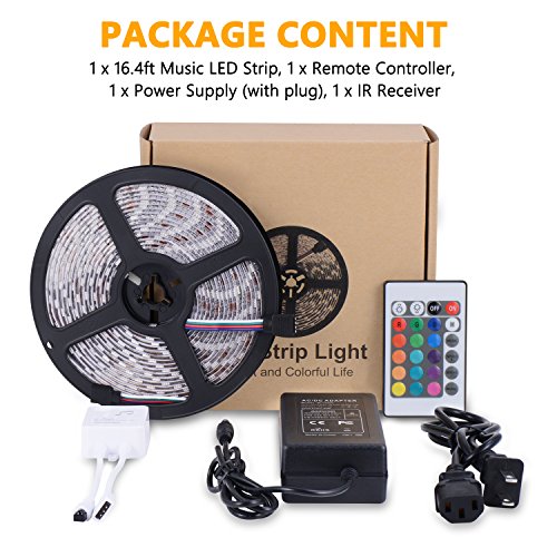 LED Strip Lights, 16.4ft/5m Sync to Music Color Changing Light Strip Kit with Remote Control for Home, Bedroom, TV, Ceiling Decoration, Bright 5050 LEDs, Cutting and Waterproof Design DC 12V