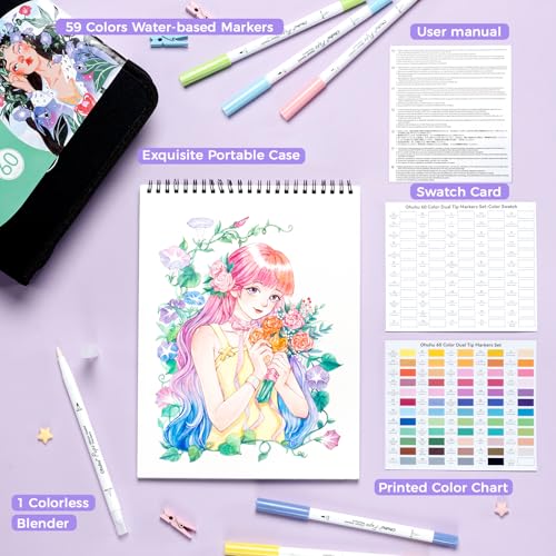 Ohuhu Marcadores para colorear a base de agua, aptos para papel, 60 colores, punta fina de pincel doble, para libros de colorear para adultos, marcadores de arte sin sangrado, para