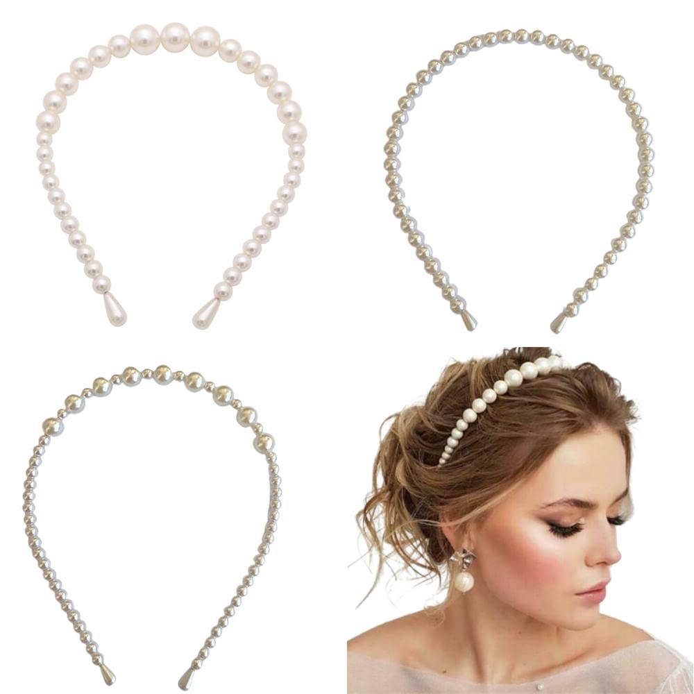 FEIFEI’S BOW 3PCS Headbands Womens Girls Alice Faux Pearls Headband Hairbands Bridal Hair Hoop Wedding Hair Accessories Bloggers Party (Set 01)