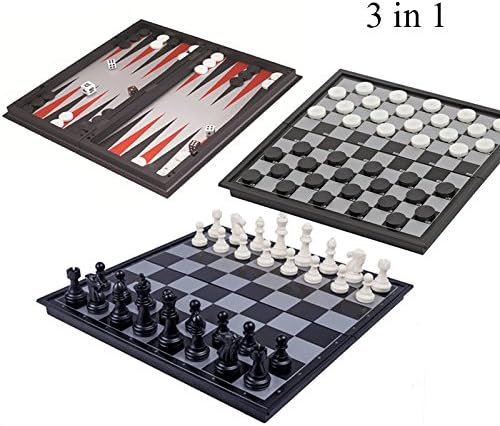 iRibbons 3 in 1 Folding Magnetic Board Backgammon Checkers and Chess Set Games Travel Games
