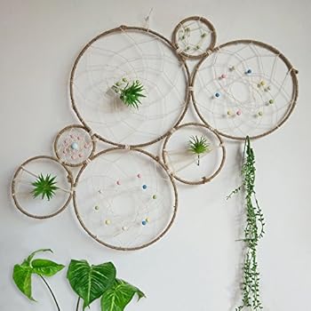 RISEON DIY Large Boho Tillandsia Dream Catcher Natural Air Plant Wall Hanger Holder Stand, Dreamcatcher Set-Wall Display Accent-Rustic Wedding Backdrop, with Faux Artificial Succulent Cactus Plants