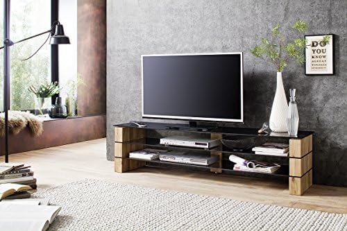 KARI 140 TV Stand – Smoked grey glass TV console - Decorative Solid Oak blocks – Stylish TV stand for up to 60” TVs up to 44 lbs. – Consola TV para pantallas hasta 60"