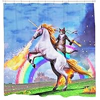 Sharp Shirter Cool Cat Shower Curtain Set Man Cave Bathroom Decor Awesome Unicorn Shooting Fire Blue Polyester Fabric 71x74 Hooks Included