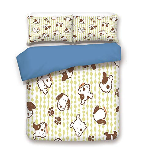 Duvet Cover Set,Blue Back,Kids,Modern Pattern with Puppy Dogs and Paws Doodle Style Print Home and Party Decorations Decorative,White Green,Decorative 3 Pcs Bedding Set by 2 Pillow Shams,King Size
