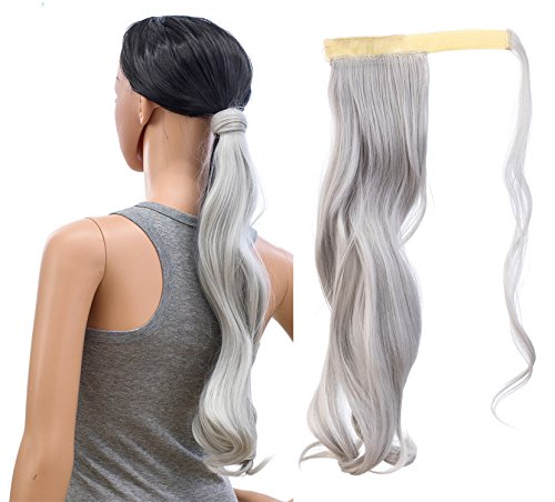 SWACC Women Long Straight/Curly Wavy Wrap Around Ponytail Extension Synthetic Hair Piece Clip in Hair extensions (Curly Wavy, Silver Gray)