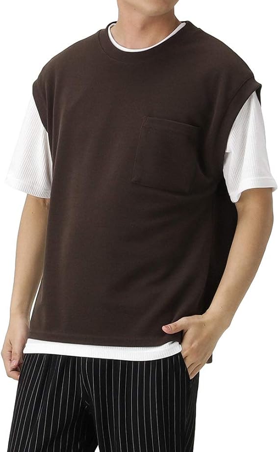 Amazon ベスト クルーネック Tシャツ 半袖 メンズ クルーネックベストアンサンブル セット アンサンブル 無地 c Tシャツ カットソー 通販