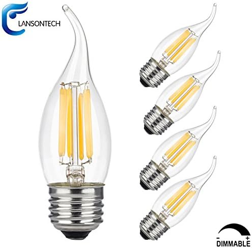 LANSONTECH 6-Watt LED Filament Candelabra Light Bulb, Dimmable, Warm White 2700K, 60-Watt Incandescent Replacement, 600 Lumens, E26 Candelabra Base, C35 Flame Shape Bent Tip, 5 Pack