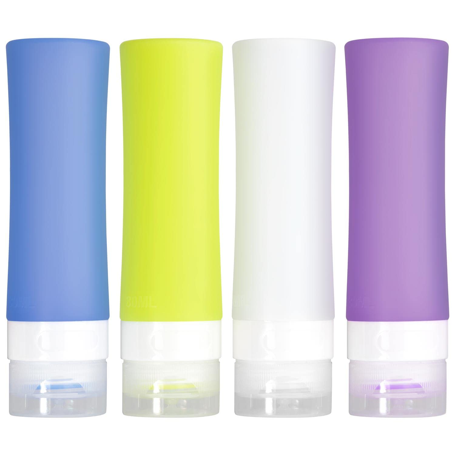 igadgitz home U7232 Silicone Travel Bottles for Toiletries 80ml (2.8 fl oz), Refillable Travel Bottles, Squeezy Travel Container Set (4 pack) - Multicoloured