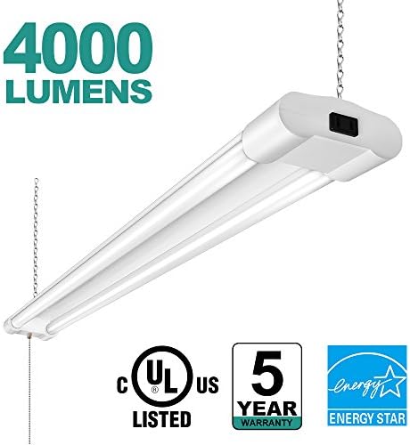 Linkable Utility LED Shop Light 40W 4FT 4000Lumens 5000K High Brightness, Two-Tube with Pull Chain Ceiling Indoor Illumination Fixture for Garages Workbench Basement Warehouses 1 pack