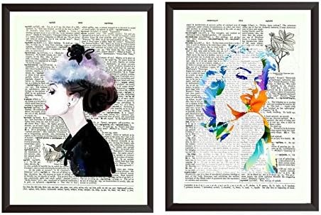 Upcycled Vintage Dictionary Art Print Poster on antique Vintage dictionary page Art Book Wall Poster 7.5 x 10.5 inch (Set of 2 Marilyn Monroe &amp; Audely Hepburn (Frame not Included))