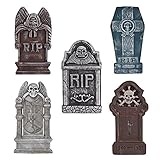 Pack of 5 Halloween 16” Foam RIP Graveyard Tombstone Halloween Decorations with Different style With Bonus Stands