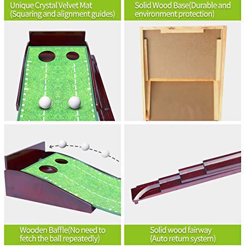 MESIXI Wood Golf Putting Mat Green with Auto Ball Return System