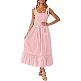 ZESICA Women's 2026 Summer Boho Spaghetti Strap Square Neck Solid Color Ruffle A Line Beach Long Maxi Dress