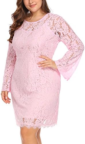 Vpicuo Women's Plus Size Elegant Flare Long Sleeve Lace Bodycon Cocktail Party Dresses