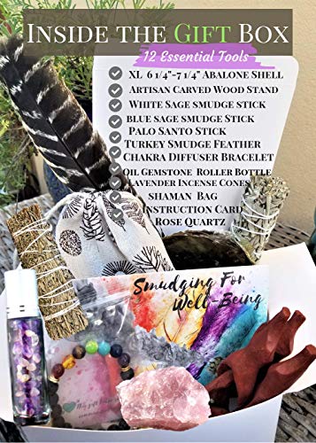 Sage Smudge Kit: ULTIMATE 12 Piece Spiritual Gifts Variety Smudging Kit: XL Abalone Shell, White Sage & Blue Sage Smudge Sticks, Palo Santo, Healing Crystals Amethyst Roller,Chakra Bracelet,More!