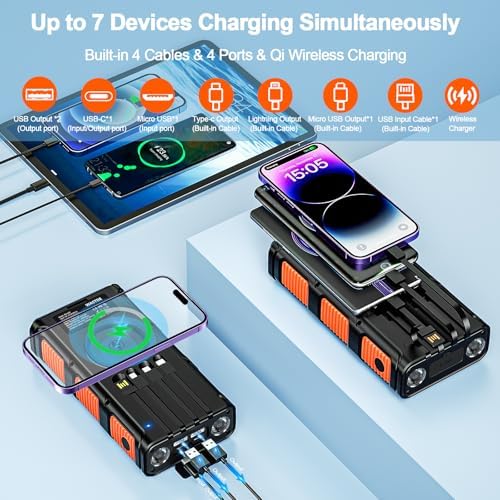 26800mAh Power Bank Solar Inalámbrico con Manivela y 4 Cables, Carga Rápida