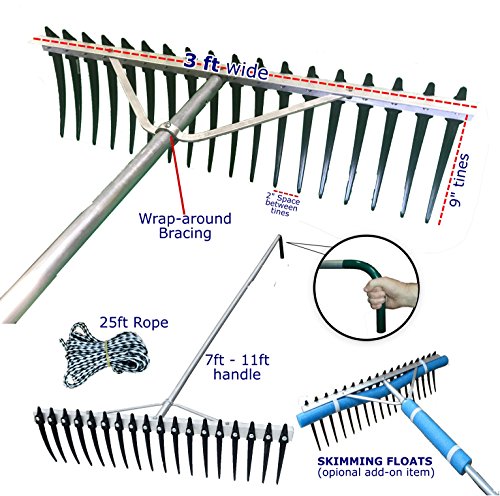 Shore-Tech Industries Super Long/Wide Lake Weed, Beach & Landscaping Rake - (7ft handle - No Float Kit)