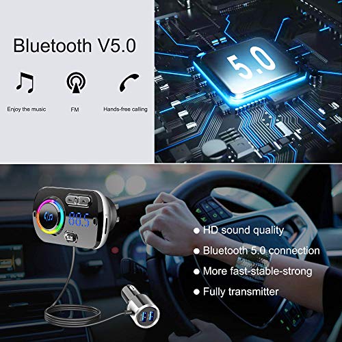 Bluetooth FM Transmitter 5.0, Bluetooth Car Adapter with Dual USB Ports