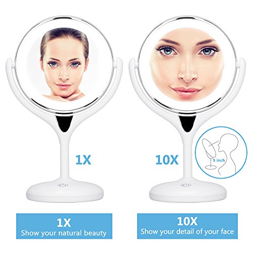 KEDSUM 1X/10X Double Sided Lighted Makeup Mirror, 360 Degree Swivel Tabletop Vanity Mirror,Cosmetic Regular/Magnifying Mirror with Lights, Dimmable Touch Button,Dual Power Supply