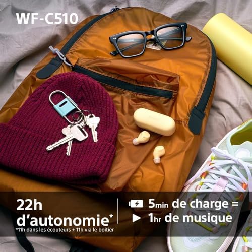 WF-C510 Truly Wireless - Ecouteurs Intra-Auriculaires Bluetooth, Petits, Légers, Connexion Multipoint, Son Ambiant, IPX4, Spotify Tap, Charge Rapide, Batterie jusqu'à 22h, iOS et Android – Bleu
