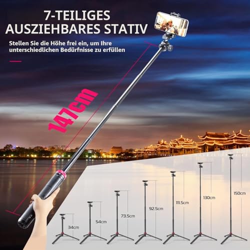 ULANZI MT-44 Mobile Phone Camera Tripod 147 cm 2-in-1 Selfie Stick Remote Control, 360° Ball Head, Cold Shoe Mobile Phone Holder, 1/4 Inch Thread Compact Travel Tripod Tripod for DSLR Cameras Canon Samsung iPhone
