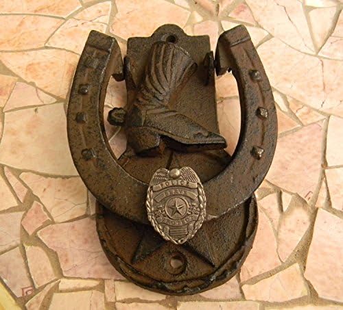 Police Officer Cast Iron Horseshoe Boot Door Knocker, Law Enforement Lucky Horse Shoe Home Decor